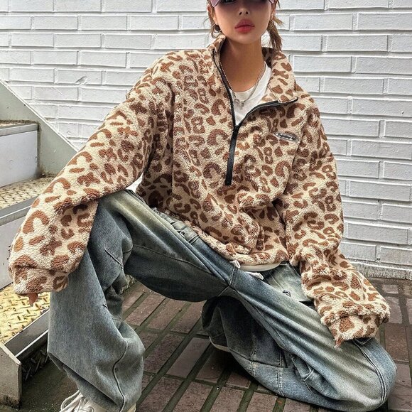 Apricot Casual Women's Leopard Print Basic Long Sleeve Sweatshirt - Picture 8 of 9